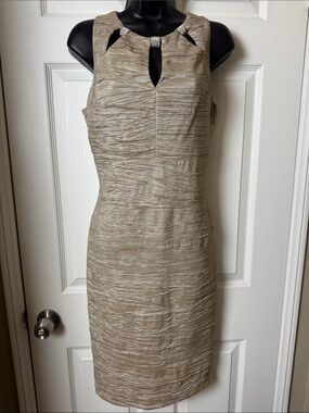 ELIZA J Neutral Taupe Textured Sheath Dress with an Embellished Neckline - Sz 8